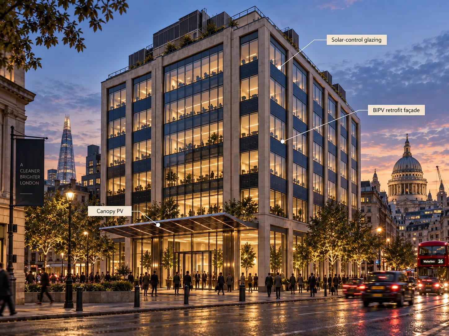 Concept visual of a London office retrofit with solar-control glazing, BIPV façade panels and a photovoltaic entrance canopy, at dusk with St Paul’s beyond.
