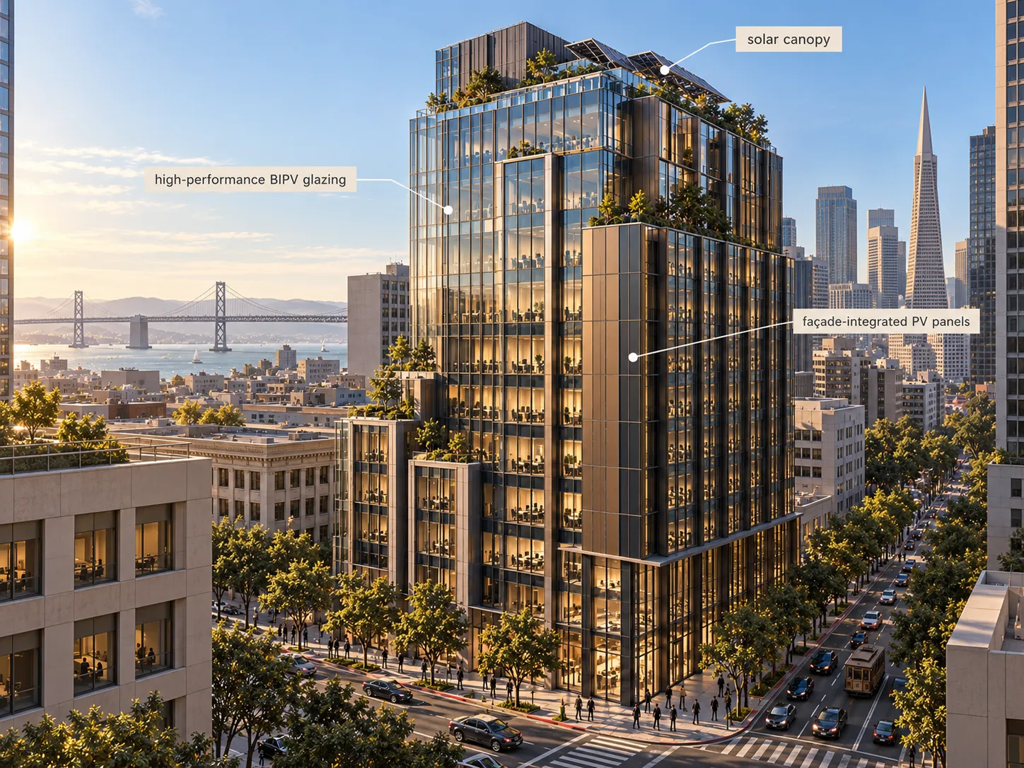 Concept visual of an urban San Francisco office building with integrated photovoltaic glazing, façade panels and rooftop solar, with the Bay Bridge behind.