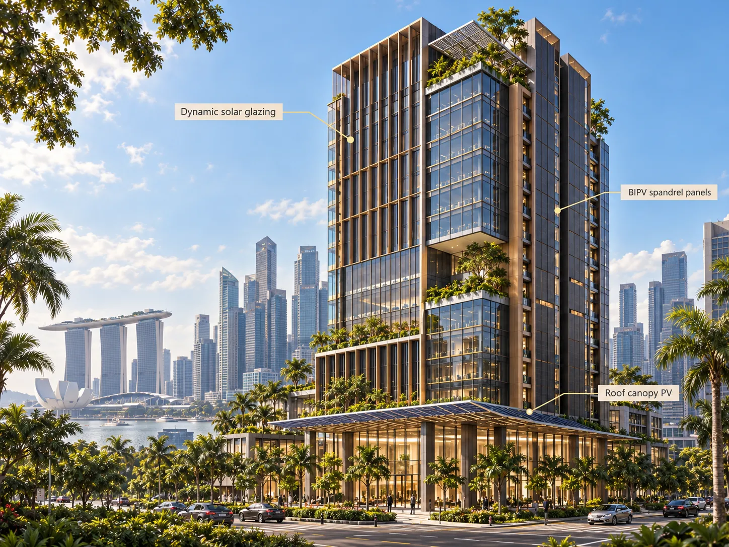 Concept visual of a tropical Singapore tower with solar glazing, BIPV façade panels and photovoltaic canopies, with the Marina Bay skyline behind.