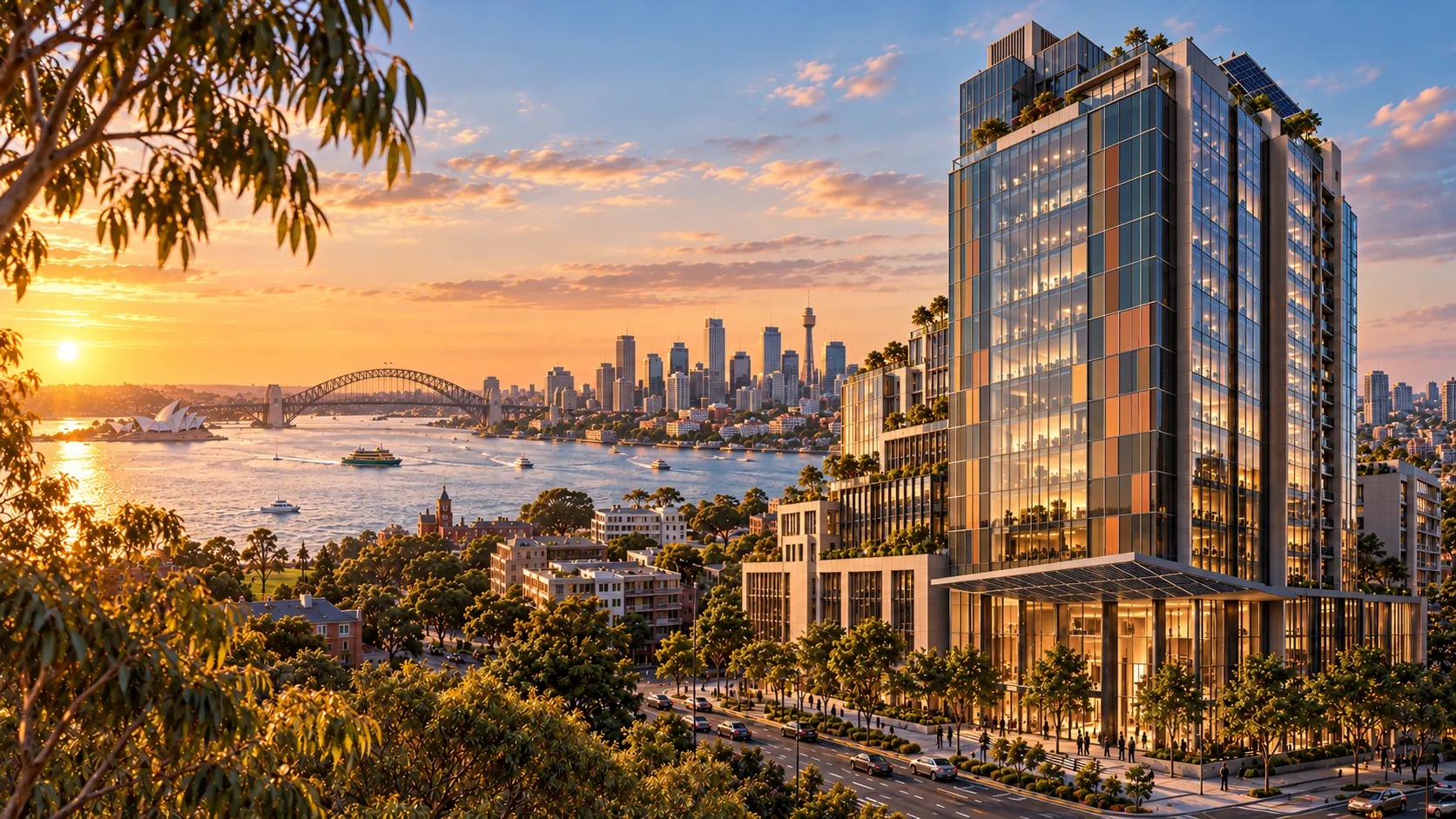 Concept visual of a Sydney commercial tower with integrated façade, glazing, canopy and rooftop photovoltaics, seen across the harbour at sunset.