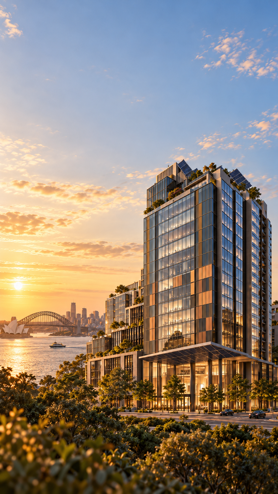 Concept visual of a Sydney commercial tower with photovoltaic façade glazing and rooftop greenery at sunrise, seen across the harbour with the Harbour Bridge and city skyline behind.